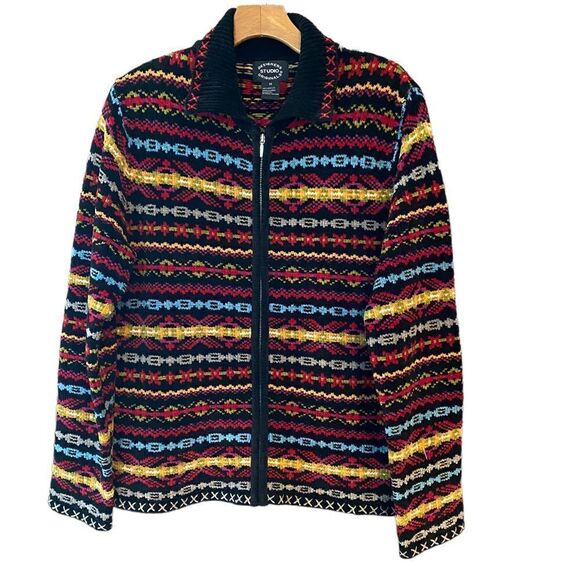 Designer Originals Sz M Black Chunky Knit Striped Full Zipper Weekend Shacket - Picture 1 of 6